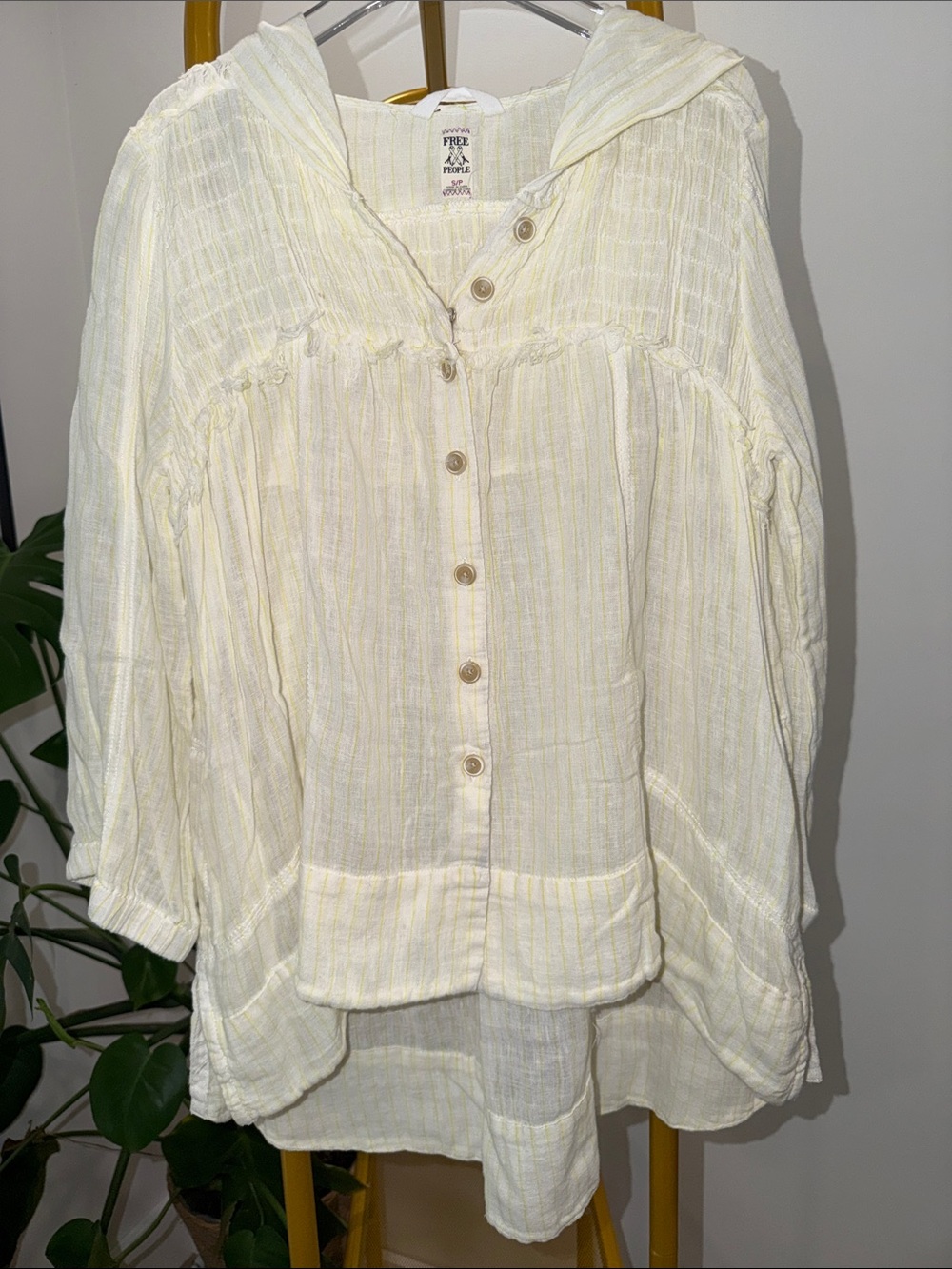 Free People Cream Lightweight Button-Down Hooded Gauze Top